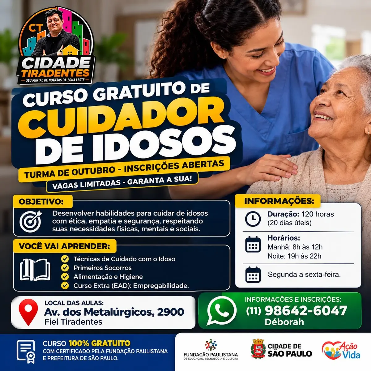 Curso gratuito de Cuidador de Idosos abre inscrições para turma de outubro em Cidade Tiradentes
